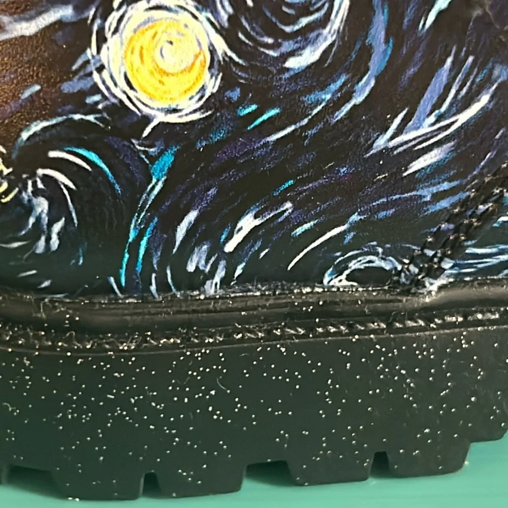 New Starry Night Inspired Print Lace-Up Vegan Leather Combat Boots